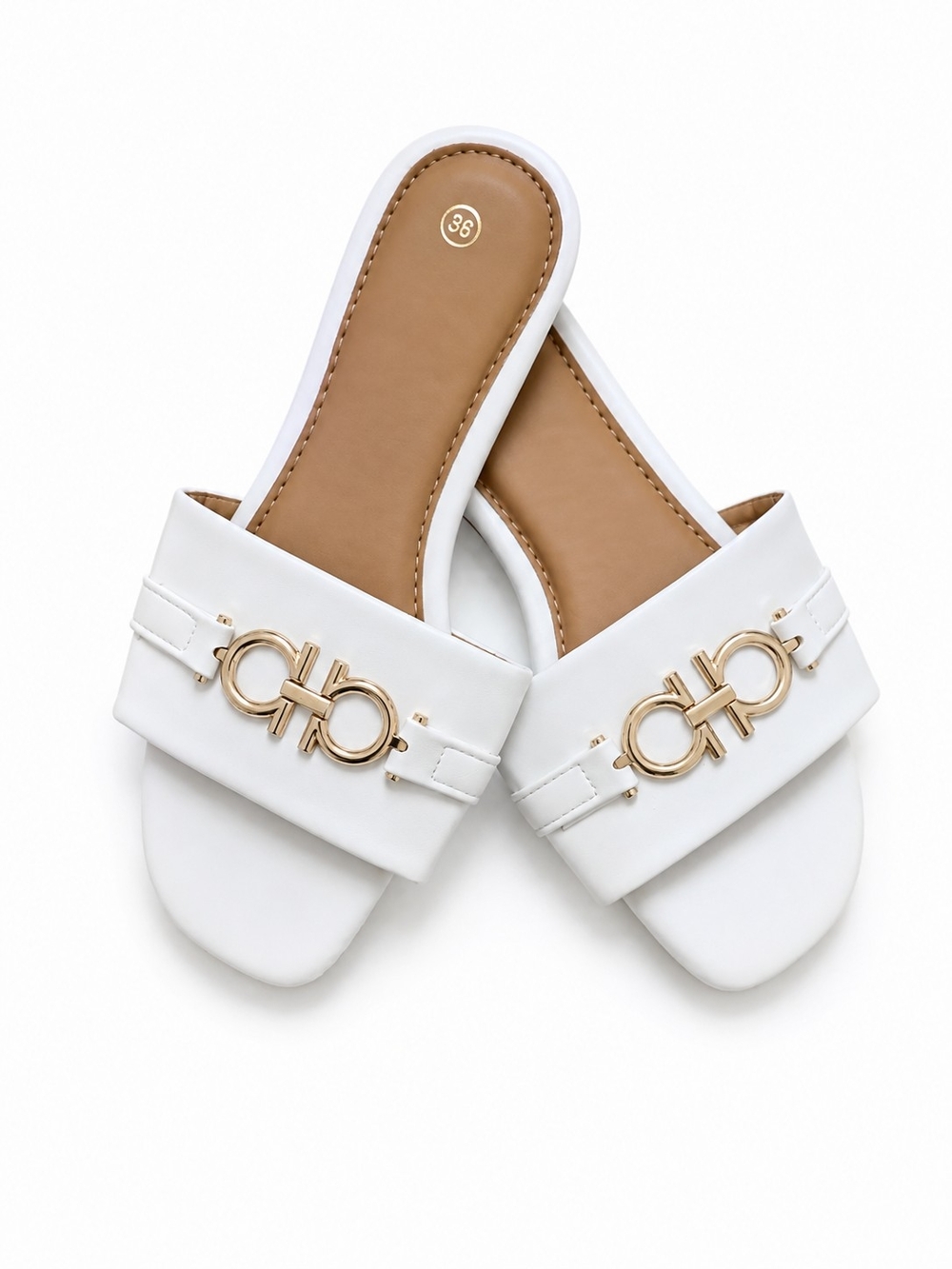 Women’s White Slide Mules with Gold Accent